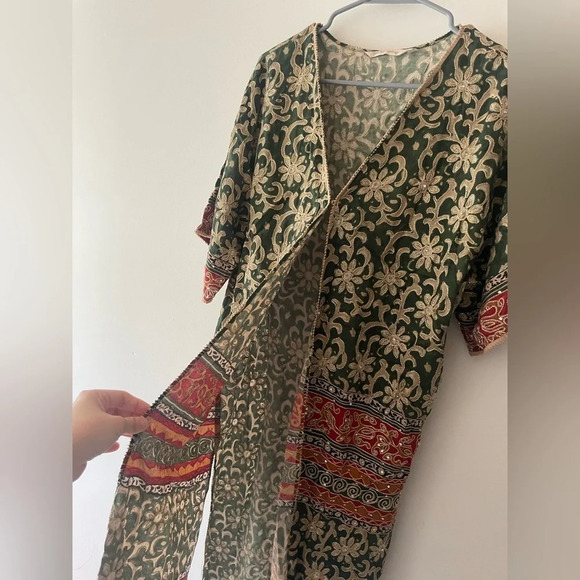 Soft Surroundings Long Cardigan Kimono Paisley Floral Embroidered Sequins Saree - Picture 8 of 11